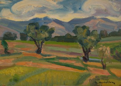 Attic Landscape — Oil painting, Fiberboard, 25.00×35.00cm — Theodoros Markellos